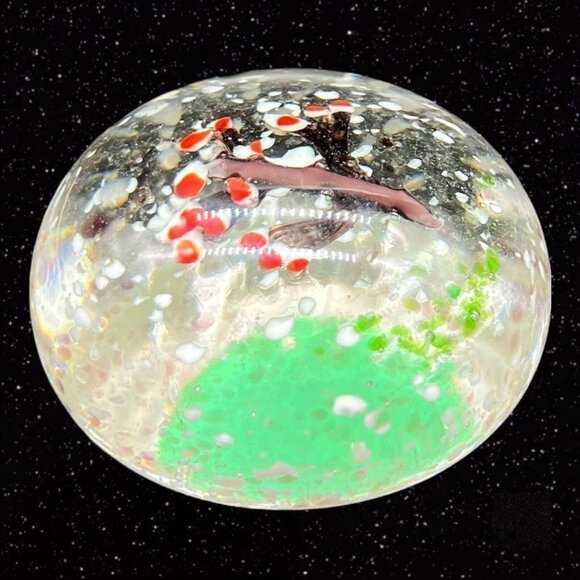 Vintage Art Glass Paperweight Cherry Tree w White Dots Round Sphere Glass 2.5”W - Picture 3 of 12